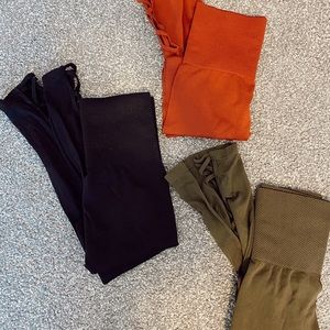 maroon, black, dark green leggings